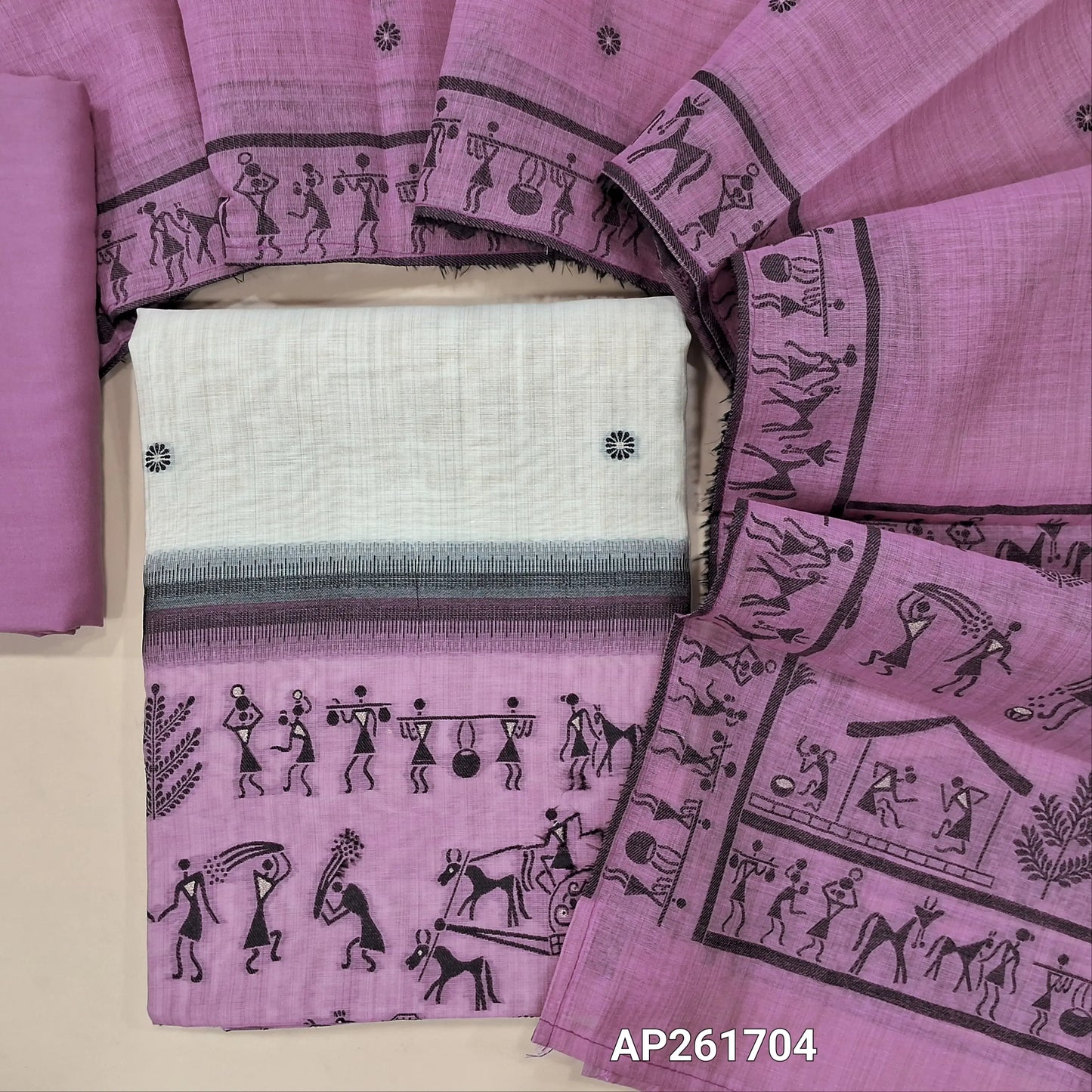 Off white base jamdani woven silk cotton unstitched salwar material, warli jamdani weaving on daman (lining needed)light purplish pink spun cotton bottom,jamdani weaving on silk cotton dupatta with pallu. AP261704