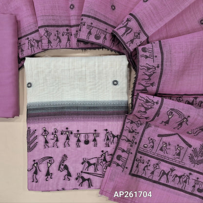 Off white base jamdani woven silk cotton unstitched salwar material, warli jamdani weaving on daman (lining needed)light purplish pink spun cotton bottom,jamdani weaving on silk cotton dupatta with pallu. AP261704