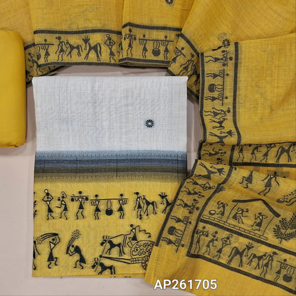 Off white base jamdani woven silk cotton unstitched salwar material, warli jamdani weaving on daman (lining needed)yellow spun cotton bottom,jamdani weaving on silk cotton dupatta with pallu. AP261705