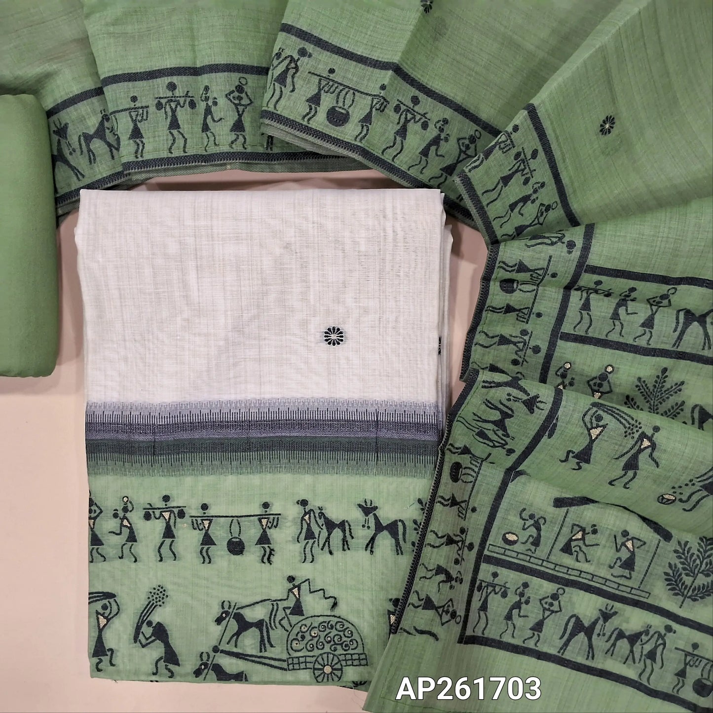 Off white base jamdani woven silk cotton unstitched salwar material, warli jamdani weaving on daman (lining needed)sage green spun cotton bottom,jamdani weaving on silk cotton dupatta with pallu. AP261703