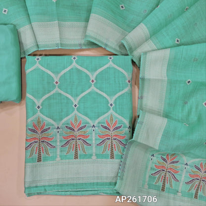 Pastel blue silk cotton unstitched salwar material,rich thread weaving on front,(Silky, Lining Needed)silky bottom, floral buttas on silk cotton dupatta with thread weaving pallu and borders(TAPPING NEEDED). AP261706