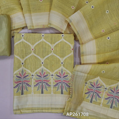 Pastel yellow silk cotton unstitched salwar material,rich thread weaving on front,(Silky, Lining Needed)silky bottom, floral buttas on silk cotton dupatta with thread weaving pallu and borders(TAPPING NEEDED). AP261708