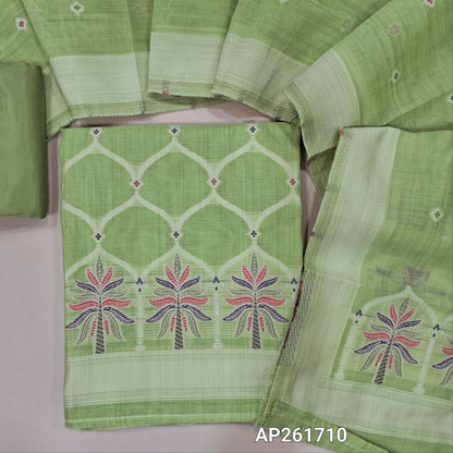 Pastel green silk cotton unstitched salwar material,rich thread weaving on front,(Silky, Lining Needed)silky bottom, floral buttas on silk cotton dupatta with thread weaving pallu and borders(TAPPING NEEDED). AP261710