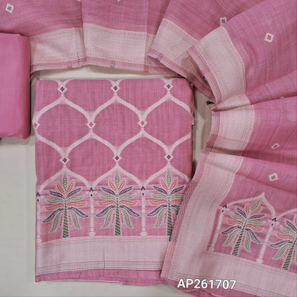 Lotus pink silk cotton unstitched salwar material,rich thread weaving on front,(Silky, Lining Needed)silky bottom, floral buttas on silk cotton dupatta with thread weaving pallu and borders(TAPPING NEEDED). AP261707