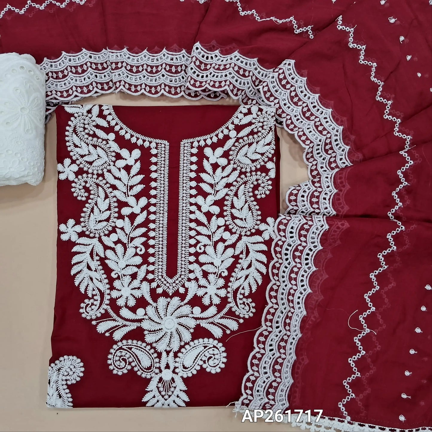 Dark maroon chikankari  hand embroidered pure cotton unstitched salwar material ( thin,lining optional)chikankari embroidered cotton bottom, embroidered pure mul cotton dupatta. AP261717