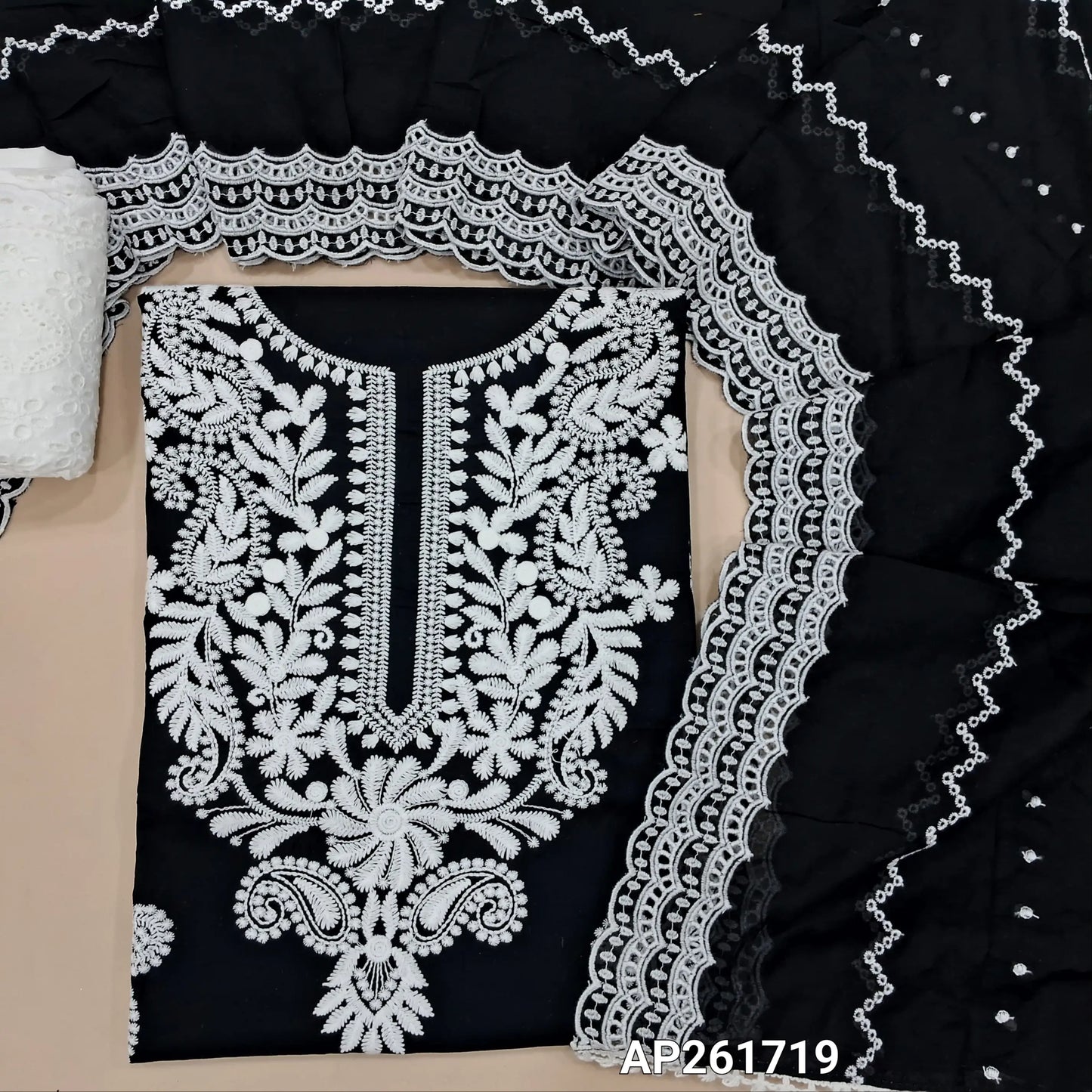 Black chikankari  hand embroidered pure cotton unstitched salwar material ( thin,lining optional)chikankari  embroidered cotton bottom, embroidered pure mul cotton dupatta with cut work. AP261719