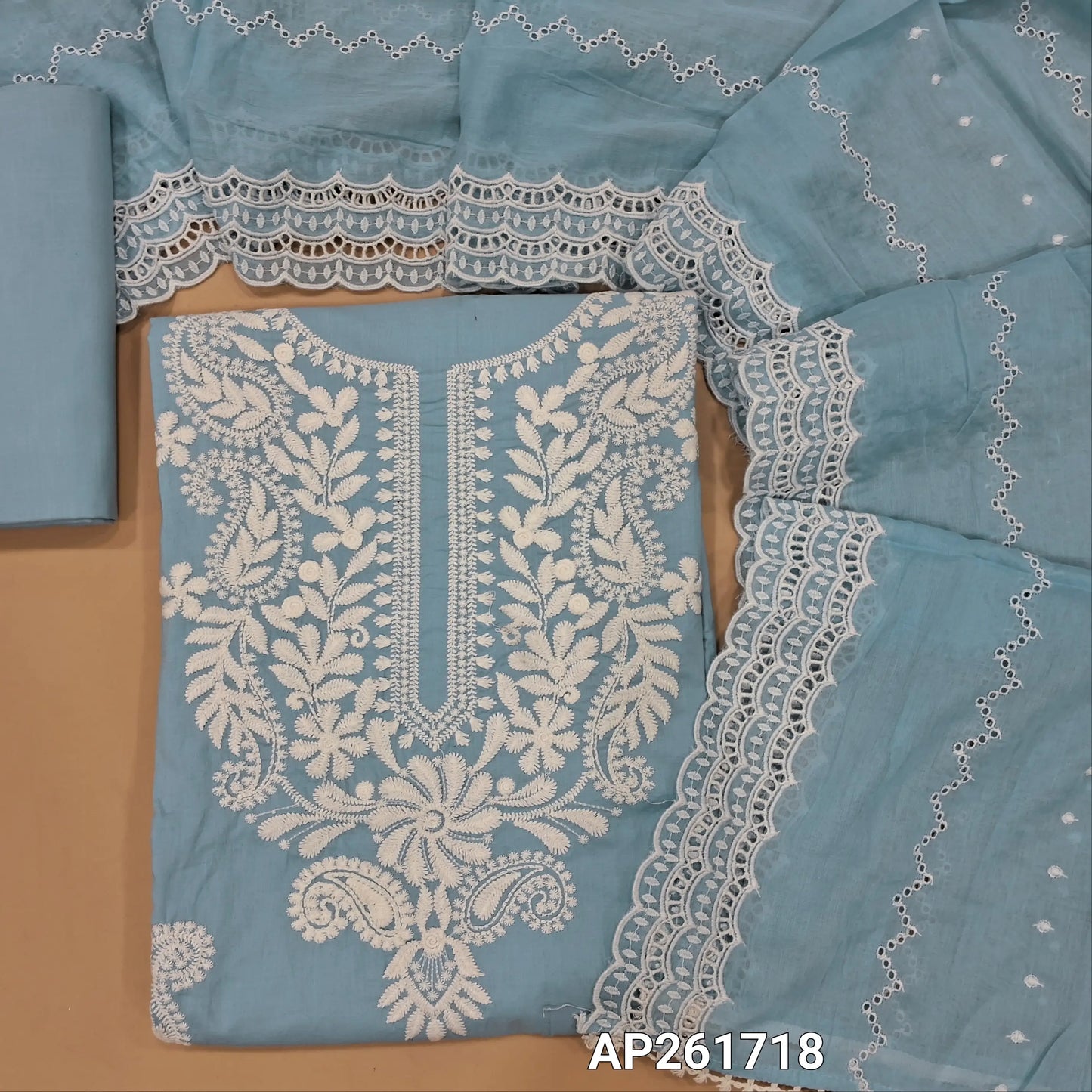 Light denim blue chikankari  hand embroidered pure cotton unstitched salwar material ( thin,lining optional)cotton bottom, embroidered pure mul cotton dupatta with cut work. AP261718
