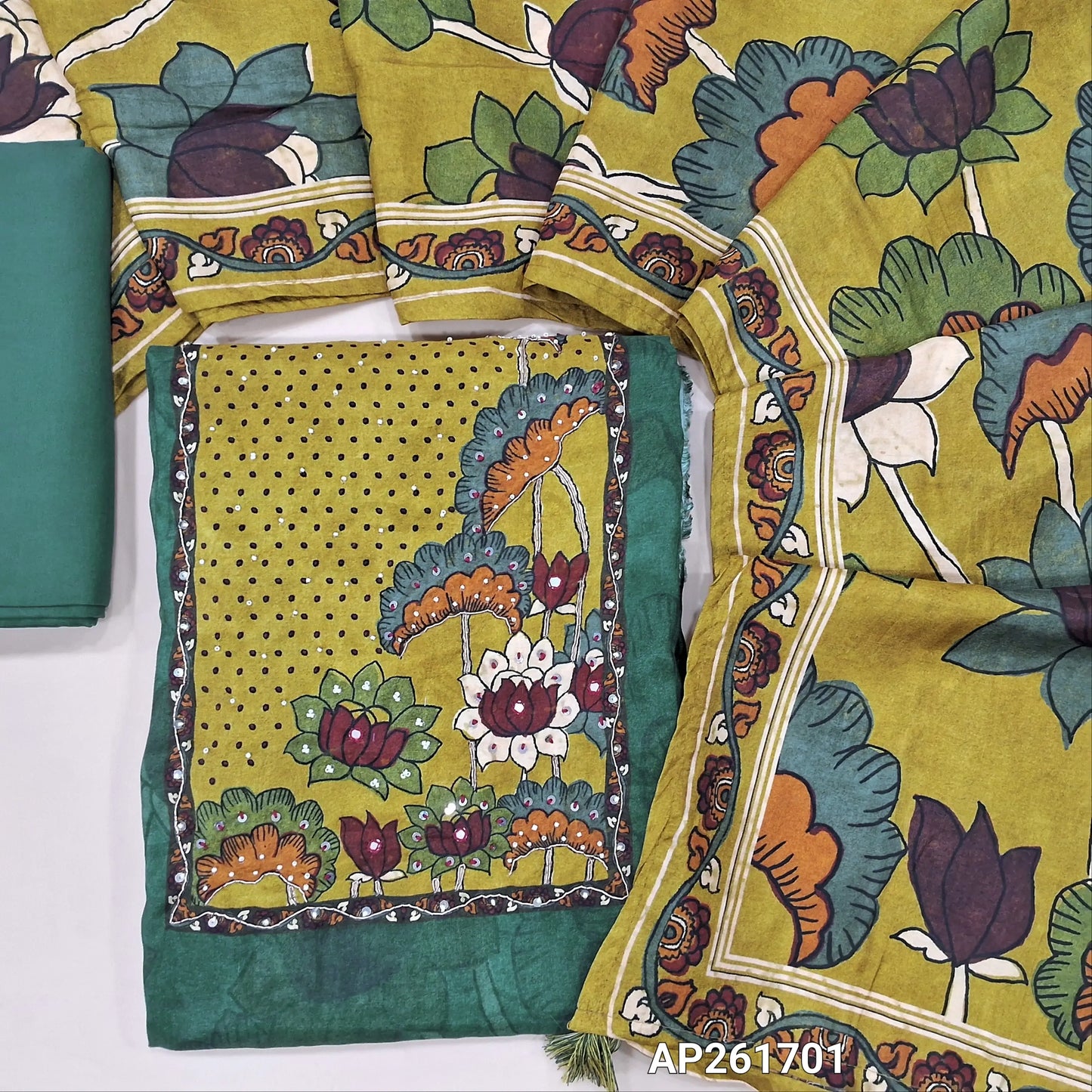 Designer teal Green pure muslin silk unstitched salwar material,(silky, lining needed) kalamkari printed, bead work on yoke, matching santoon bottom, kalamkari printed short width maslin silk dupatta. AP261701