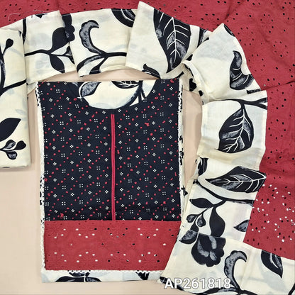 Off white base pure soft cotton unstitched salwar material(thin,lining optional) schiffli and french knot work on yoke,printed all over, printed cotton bottom, designer pure cotton schiffli work, self thread work and short width dupatta. AP261818