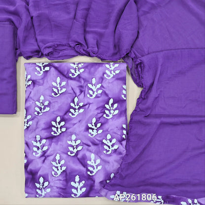Dark purple original wax batik dyed pure soft cotton unstitched salwar material(lining optional)faux mirror work on front,matching drum dyed cotton bottom, printed fancy chiffon dupatta.AP261806