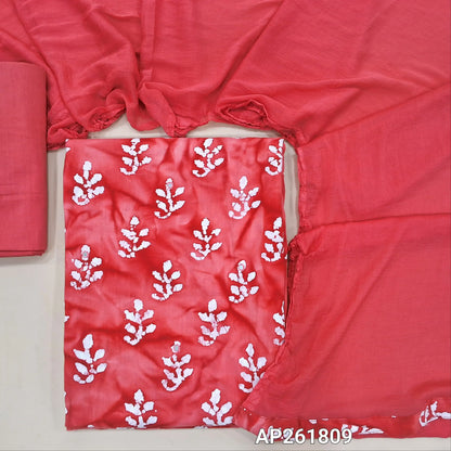 Peachish pink original wax batik dyed pure soft cotton unstitched salwar material(lining optional)faux mirror work on front,matching drum dyed cotton bottom, printed fancy chiffon dupatta.AP261809