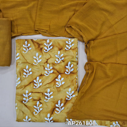 Mehandhi yellow original wax batik dyed pure soft cotton unstitched salwar material(lining optional)faux mirror work on front,matching drum dyed cotton bottom, printed fancy chiffon dupatta.AP261808
