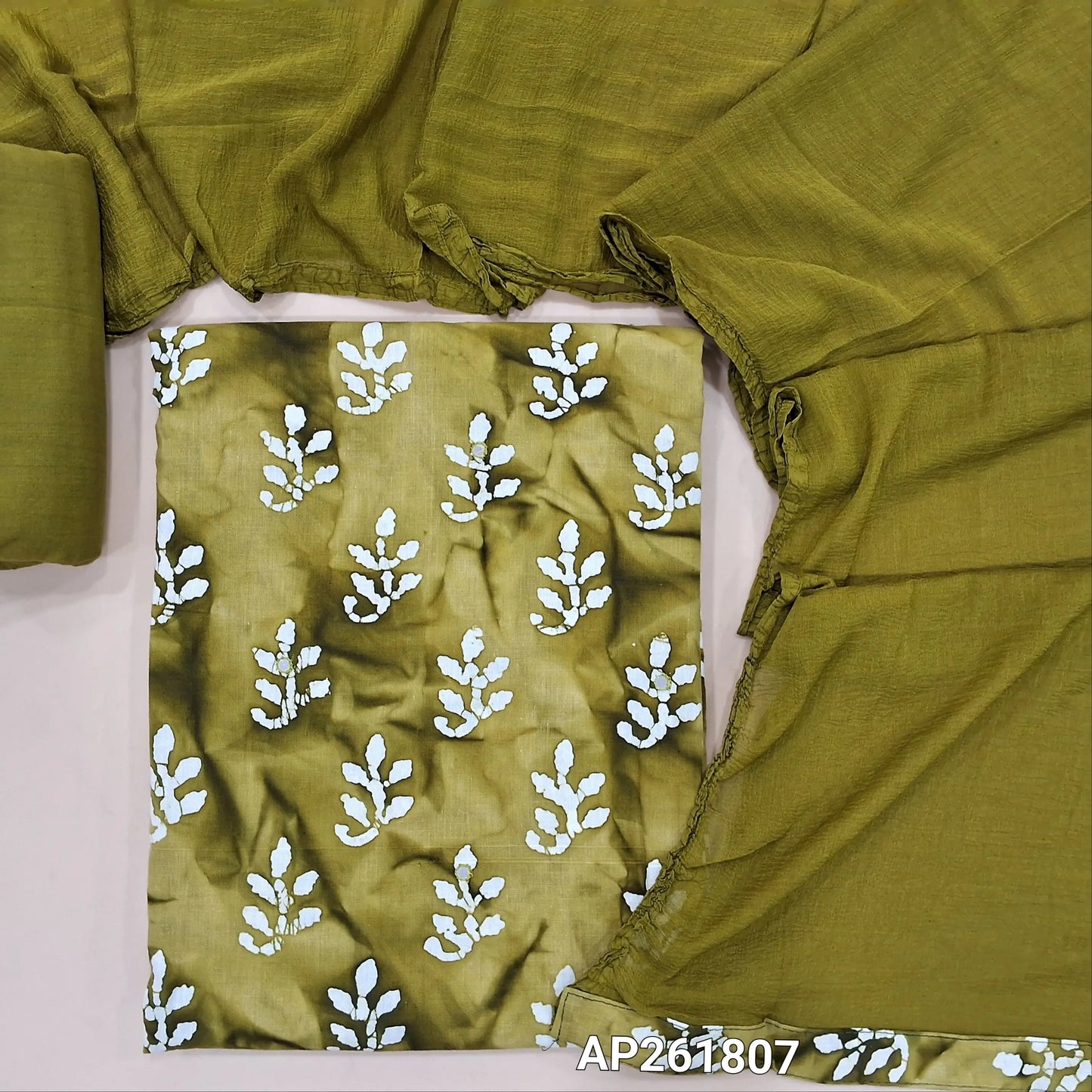 Mehandhi green original wax batik dyed pure soft cotton unstitched salwar material(lining optional)faux mirror work on front,matching drum dyed cotton bottom, printed fancy chiffon dupatta.AP261807
