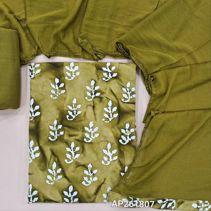 Mehandhi green original wax batik dyed pure soft cotton unstitched salwar material(lining optional)faux mirror work on front,matching drum dyed cotton bottom, printed fancy chiffon dupatta.AP261807