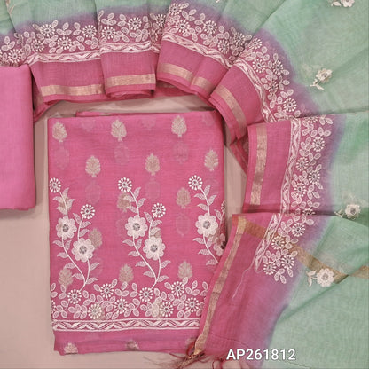 Designer pink mul chanderi unstitched salwar material (soft,Lining Needed) antique gold zari buttas all over, embroidery work on daman, matching spun cotton bottom, embroidery work on mul chanderi dual shaded dupatta with gold tissue borders.AP261812
