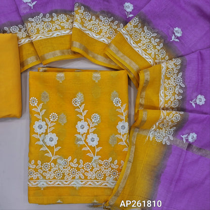 Designer yellow mul chanderi unstitched salwar material (soft,Lining Needed) antique gold zari buttas all over, embroidery work on daman, matching spun cotton bottom, embroidery work on mul chanderi dual shaded dupatta with gold tissue borders.AP261810