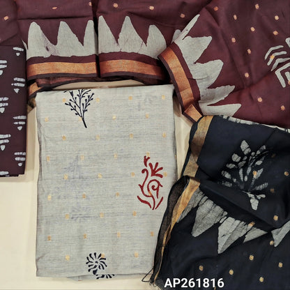 Light greyish beige block Printed soft silk cotton unstitched salwar material (lining needed) zari buttas all over, dark maroon printed batik cotton bottom,zari buttas dual shaded silk cotton dupatta with gold tissue borders.(TAPING NEEDED) AP261816