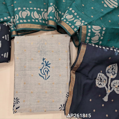 Light greyish beige block Printed soft silk cotton unstitched salwar material (lining needed) zari buttas all over, dark blue printed batik cotton bottom,zari buttas dual shaded silk cotton dupatta with gold tissue borders.(TAPING NEEDED) AP261815