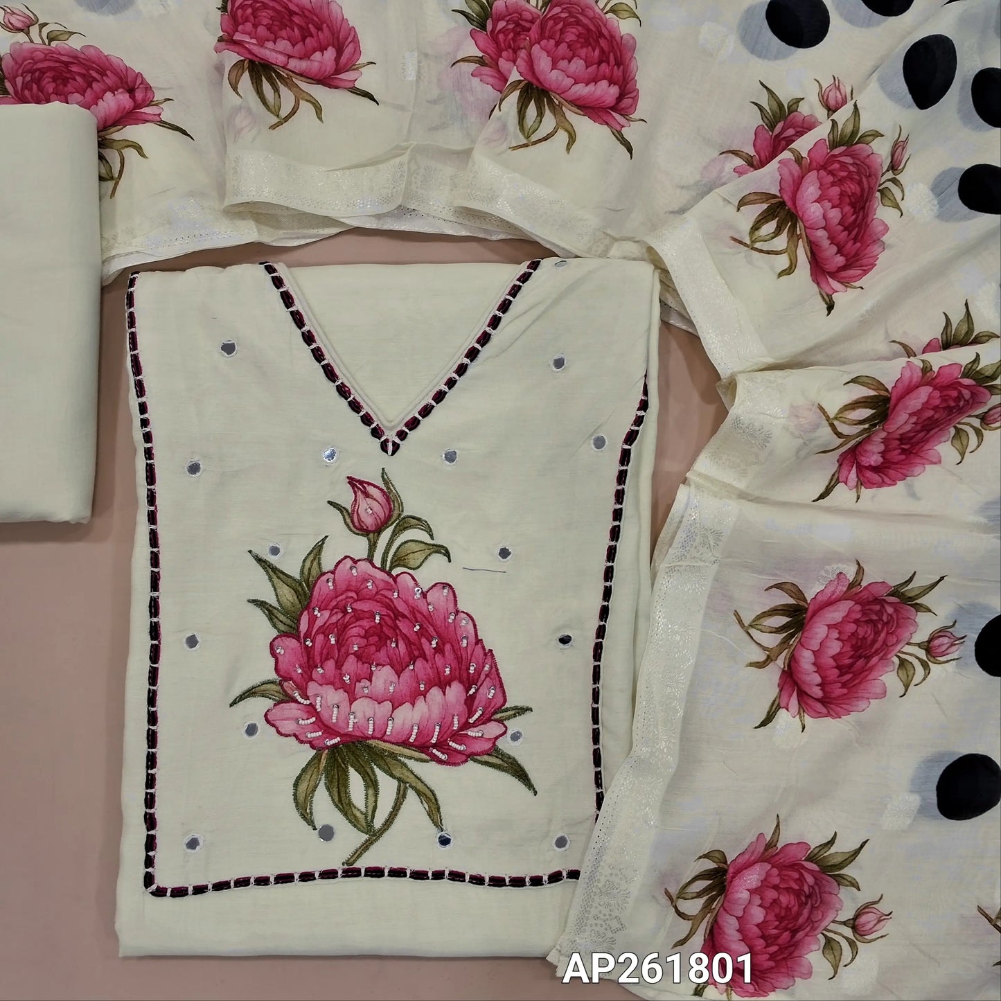 Half white premium mul chanderi unstitched salwar material,thread work,sugar bead, sequins and real mirror work on yoke (lining needed)matching drum dyed cotton bottom,designer mul chanderi polka dots and silver zari buttas dupatta with borders. AP261801
