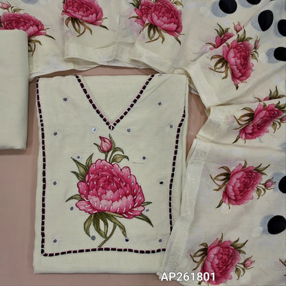 Half white premium mul chanderi unstitched salwar material,thread work,sugar bead, sequins and real mirror work on yoke (lining needed)matching drum dyed cotton bottom,designer mul chanderi polka dots and silver zari buttas dupatta with borders. AP261801