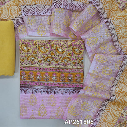 Pastel pink & pastel yellow block printed kota unstitched salwar material,faux mirror on front(Lining Needed) spun cotton bottom,hand block printed dual shaded kota dupatta. AP261805