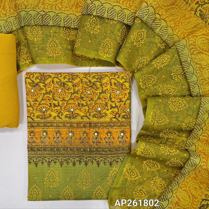 yellow & mossy green block printed kota unstitched salwar material,faux mirror on front(Lining Needed) spun cotton bottom,hand block printed dual shaded kota dupatta. AP261802