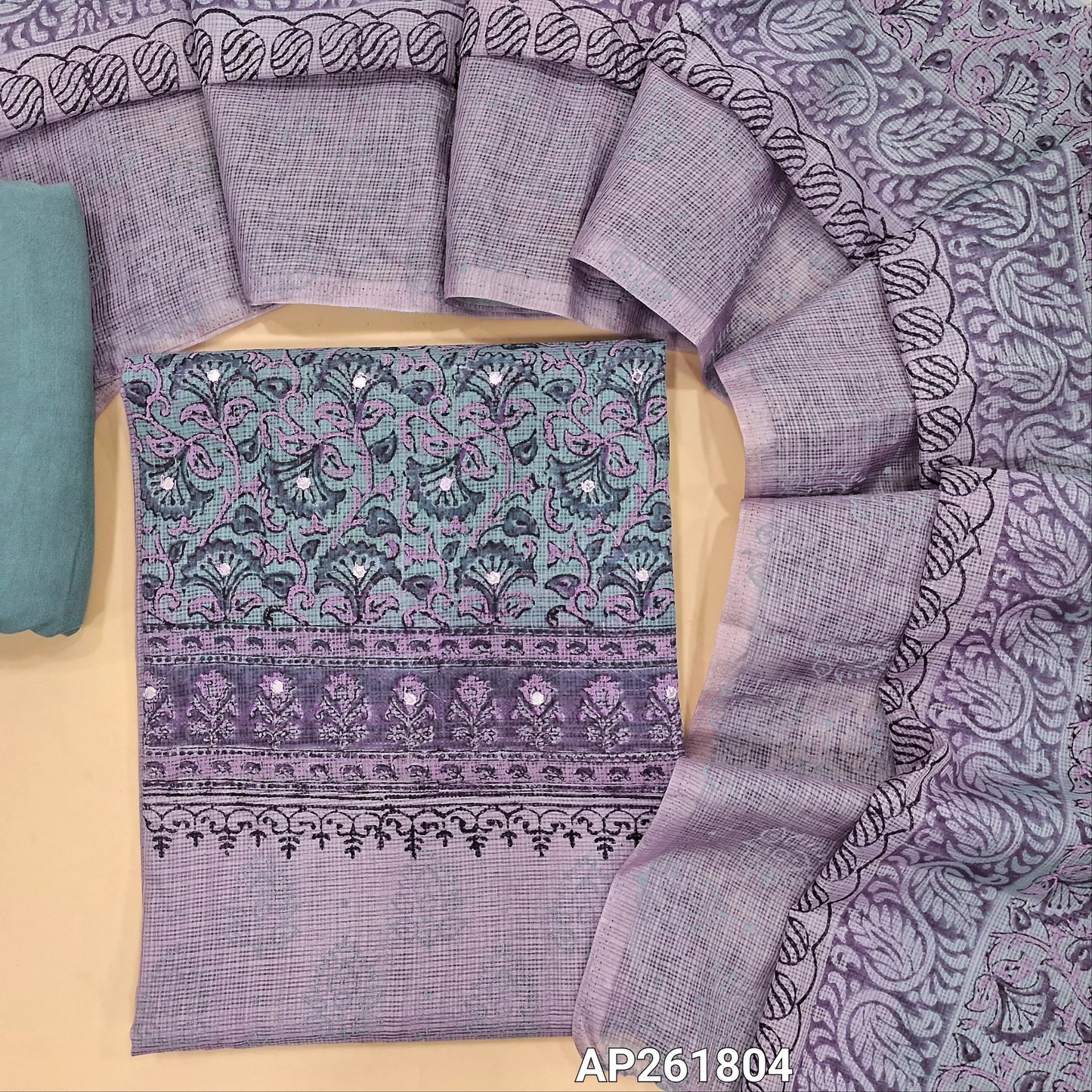 blueish grey & lavender block printed kota unstitched salwar material,faux mirror on front(Lining Needed) spun cotton bottom,hand block printed dual shaded kota dupatta. AP261804
