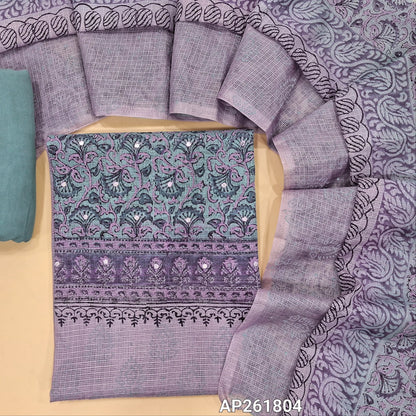 blueish grey & lavender block printed kota unstitched salwar material,faux mirror on front(Lining Needed) spun cotton bottom,hand block printed dual shaded kota dupatta. AP261804