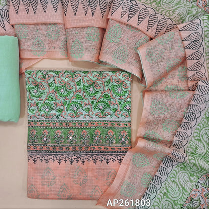 Peachish pink & pastel green block printed kota unstitched salwar material,faux mirror on front(Lining Needed) spun cotton bottom,hand block printed dual shaded kota dupatta. AP261803