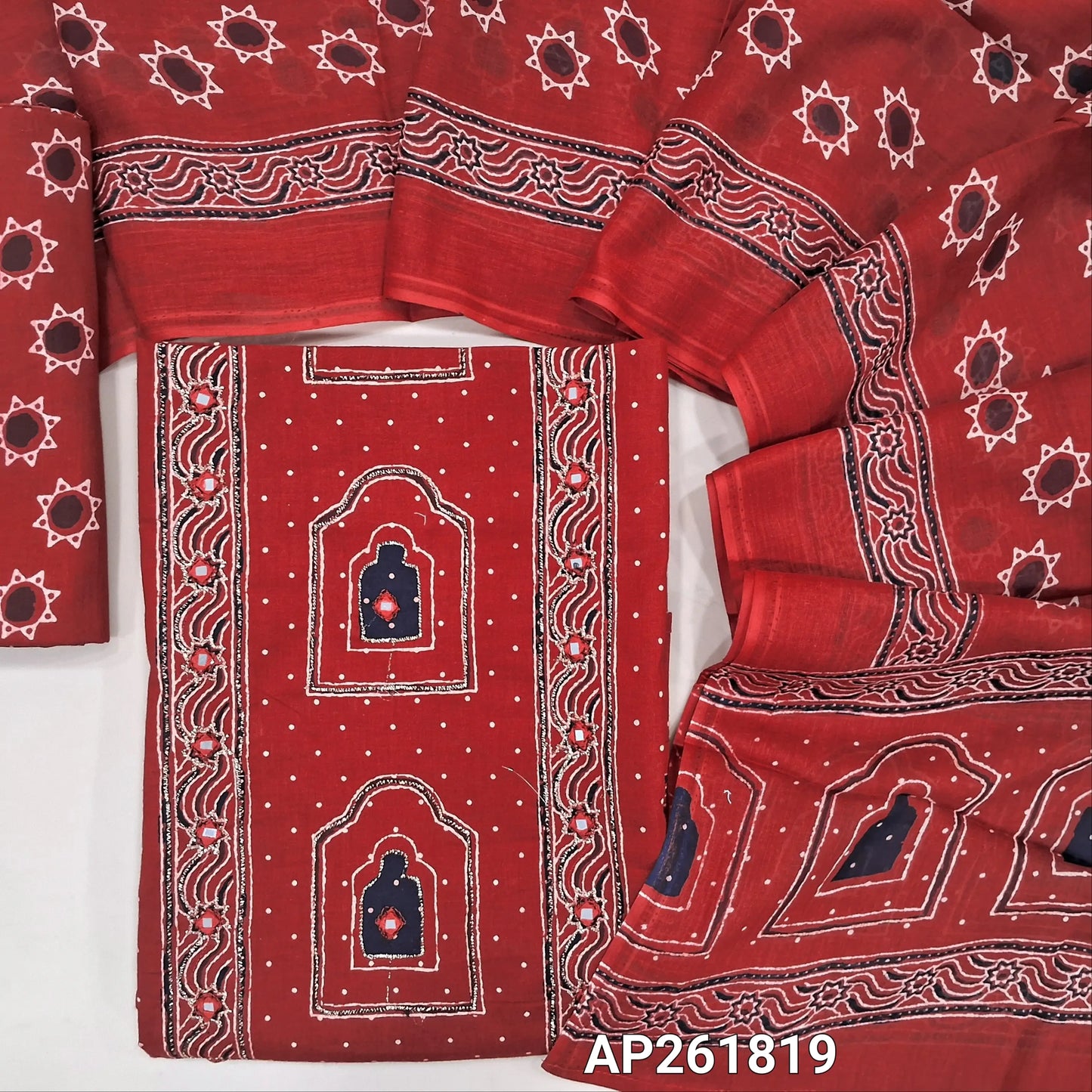 Printed reddish maroon premium soft cotton unstitched salwar material(thin,lining optional) real mirror, zari work on panel , polka dots all over,printed cotton bottom, printed soft mul cotton full length dupatta(TAPING NEEDED). AP261819