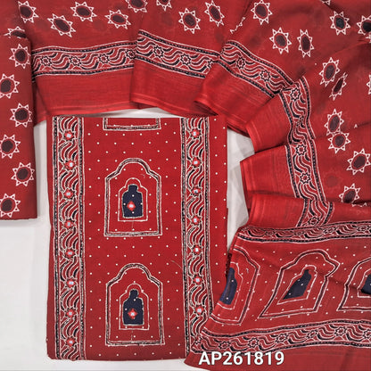 Printed reddish maroon premium soft cotton unstitched salwar material(thin,lining optional) real mirror, zari work on panel , polka dots all over,printed cotton bottom, printed soft mul cotton full length dupatta(TAPING NEEDED). AP261819