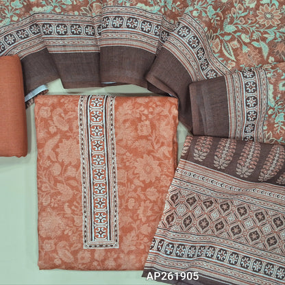 Peach soft spun silk cotton unstitched salwar material, printed yoke, floral design all over (lining optional)matching spun cotton bottom,digital printed silk cotton dupatta. AP261905
