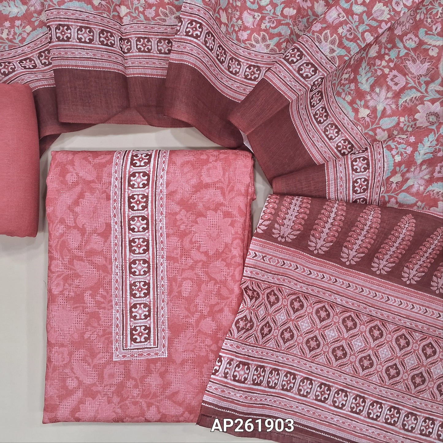 Pastel pink soft spun silk cotton unstitched salwar material, printed yoke, floral design all over (lining optional)matching spun cotton bottom,digital printed silk cotton dupatta. AP261903