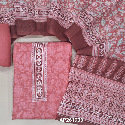 Pastel pink soft spun silk cotton unstitched salwar material, printed yoke, floral design all over (lining optional)matching spun cotton bottom,digital printed silk cotton dupatta. AP261903