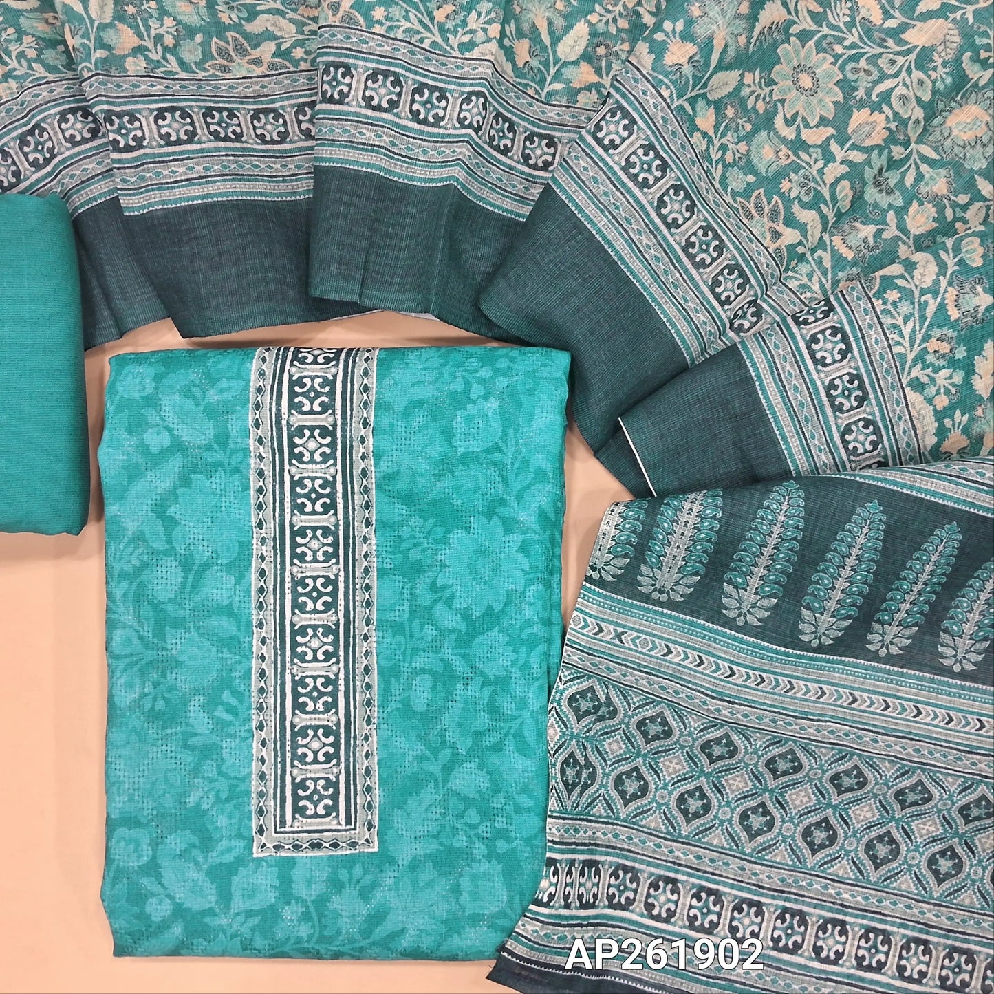 Blue soft spun silk cotton unstitched salwar material, printed yoke, floral design all over (lining optional)matching spun cotton bottom,digital printed silk cotton dupatta. AP261902