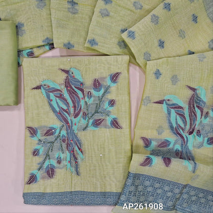 Pastel green jamdani woven premium silk cotton unstitched salwar material,weaving design with cut bead, pearl bead work on yoke and daman(lining needed) matching cotton bottom, jamdani woven full length silk cotton dupatta with lace taping. AP261908