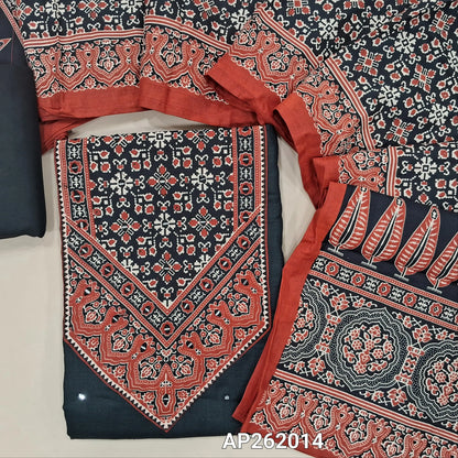 Black semi linen unstitched salwar material, ajrak yoke patch with real mirror,faux mirror work on front, (textured, lining needed)spun cotton bottom,ajral printed cotton dupatta. AP262014