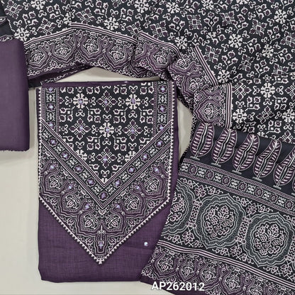 Purple semi linen unstitched salwar material, ajrak yoke patch with real mirror,faux mirror work on front, (textured, lining needed)spun cotton bottom,ajral printed cotton dupatta. AP262012