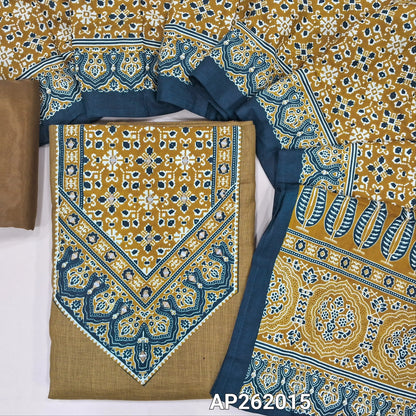 Dark mehandhi yellow semi linen unstitched salwar material, ajrak yoke patch with real mirror,faux mirror work on front, (textured, lining needed)spun cotton bottom,ajral printed cotton dupatta. AP262015