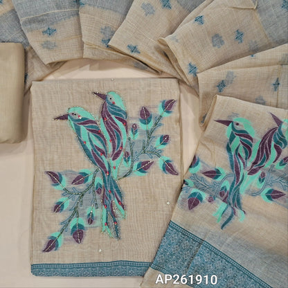Light beige jamdani woven premium silk cotton unstitched salwar material,weaving design with cut bead, pearl bead work on yoke and daman(lining needed) matching cotton bottom, jamdani woven full length silk cotton dupatta with lace taping. AP261910