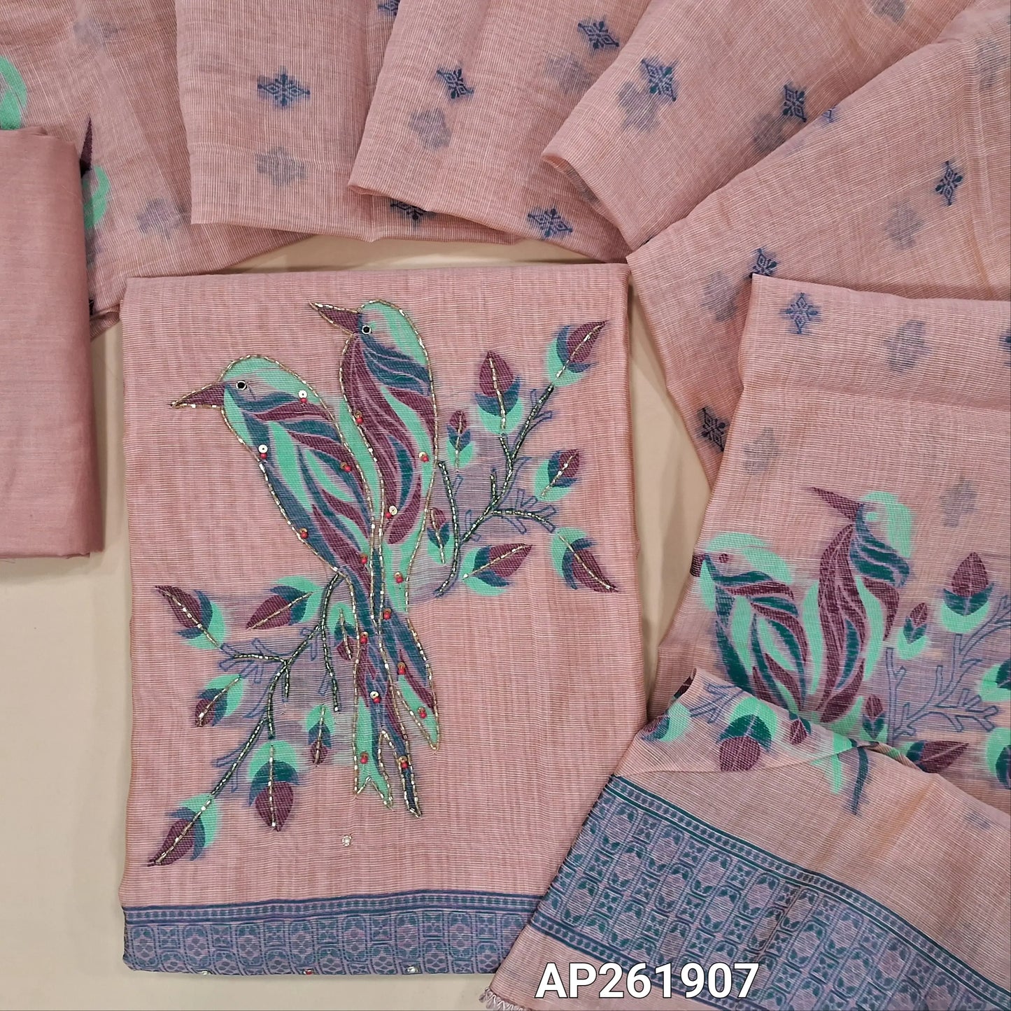 Pastel pink jamdani woven premium silk cotton unstitched salwar material,weaving design with cut bead, pearl bead work on yoke and daman(lining needed) matching cotton bottom, jamdani woven full length silk cotton dupatta with lace taping. AP261907