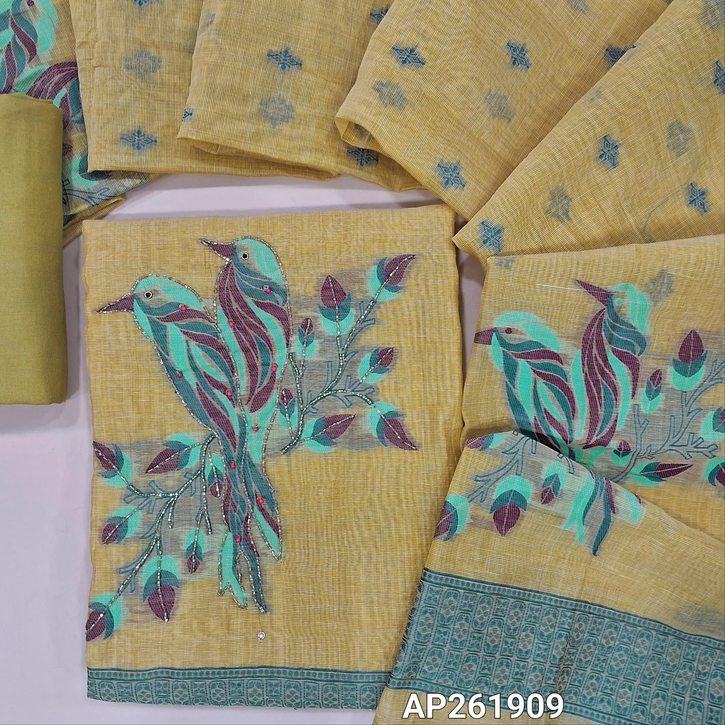 Pastel yellow jamdani woven premium silk cotton unstitched salwar material,weaving design with cut bead, pearl bead work on yoke and daman(lining needed) matching cotton bottom, jamdani woven full length silk cotton dupatta with lace taping. AP261909