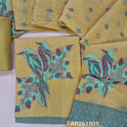 Pastel yellow jamdani woven premium silk cotton unstitched salwar material,weaving design with cut bead, pearl bead work on yoke and daman(lining needed) matching cotton bottom, jamdani woven full length silk cotton dupatta with lace taping. AP261909