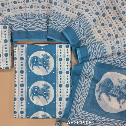 White base premium pure cotton unstitched salwar material,polka design,pichwai printed ,sugar bead and faux mirror work on front(lining optional)printed cotton bottom,printed mul cotton polka dots with full length dupatta. AP261906