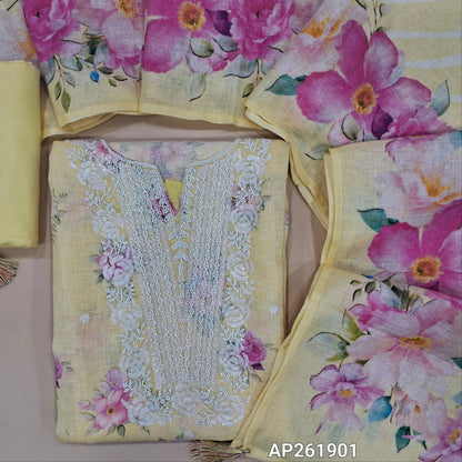 Pastel yellow floral printed pure linen unstitched salwar material,round notch neck with bead &sequins work on yoke(textured, lining needed)cotton fabric provided for lining, NO BOTTOM,digital printed pure linen dupatta. AP261901