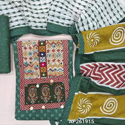 Dark green ikat printed pure cotton unstitched salwar material, ajrak yoke patch with hand embroidery work(lining optional)printed cotton bottom,printed soft mul cotton dupatta. AP261915
