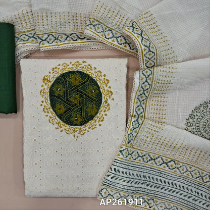 Off white base schiffli embroidered cotton unstitched salwar material (lining needed) ajrak patch yoke with block printed and real mirror,dark green cotton bottom, hand block printed,and patch work on kota cotton dupatta with lace taping. AP261911