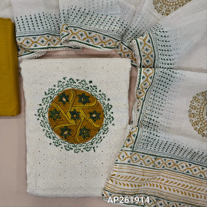 Off white base schiffli embroidered cotton unstitched salwar material (lining needed) ajrak patch yoke with block printed and real mirror,mehandhi yellow cotton bottom, hand block printed,and patch work on kota cotton dupatta with lace taping. AP261914