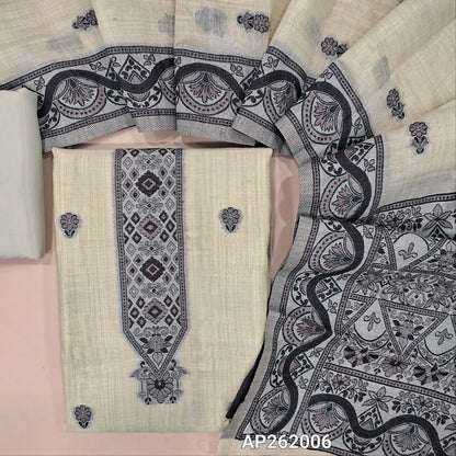 Light beige silk cotton unstitched salwar material,floral buttas on front,thread weaving on yoke and daman,(Silky, Lining Needed)silky bottom, floral buttas on silk cotton dupatta with thread weaving pallu and borders(TAPPING NEEDED). AP262006