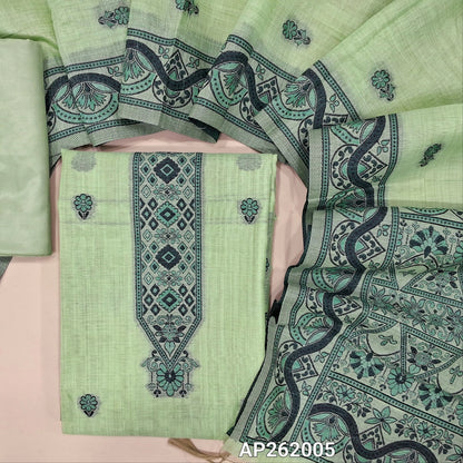 Pastel green silk cotton unstitched salwar material,floral buttas on front,thread weaving on yoke and daman,(Silky, Lining Needed)silky bottom, floral buttas on silk cotton dupatta with thread weaving pallu and borders(TAPPING NEEDED). AP262005
